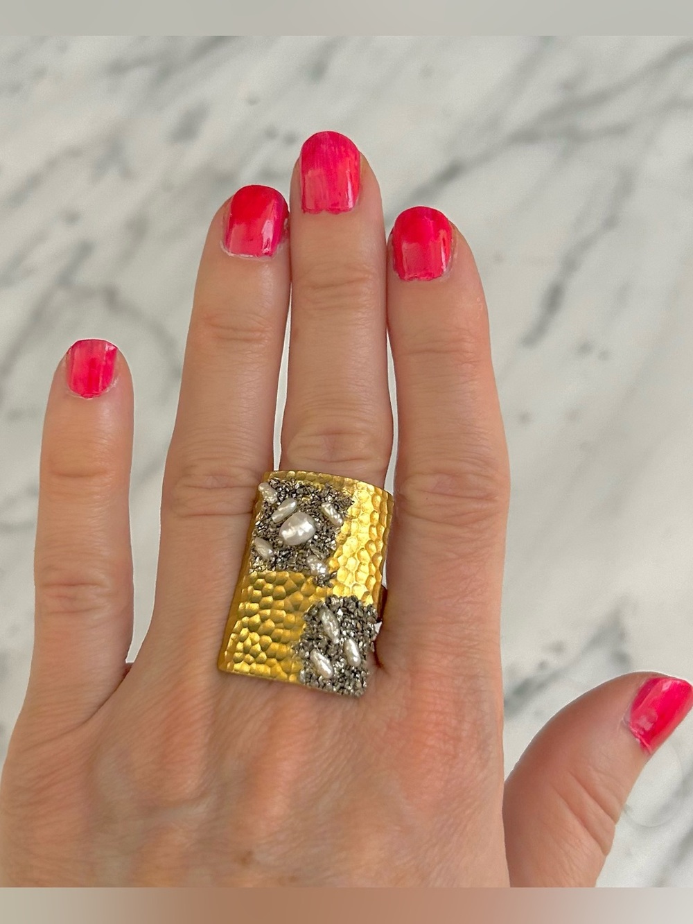 Free People X Marly Moretti Alba Pearl Brass Pyrite Stone Adjustable Ring